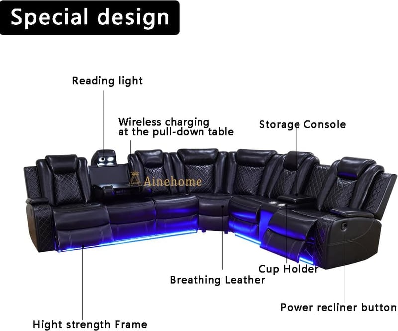 Leather Power Recliner Sectional Sofa Set with LED Lights and Storage
