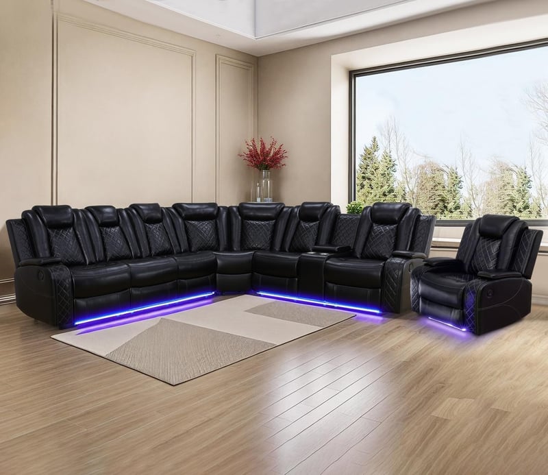 Black Leather Power Recliner Sectional Sofa with LED & Storage