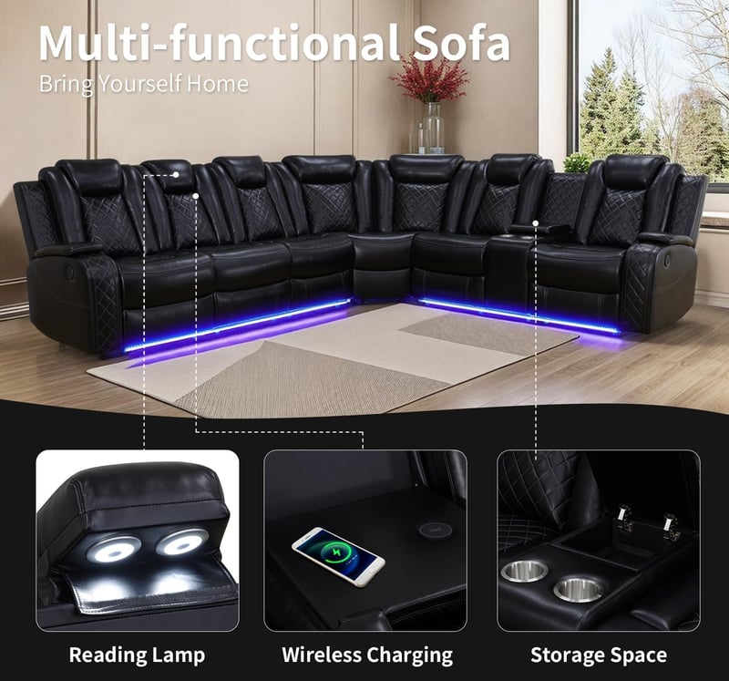 Black Leather Power Recliner Sectional Sofa with LED & Storage