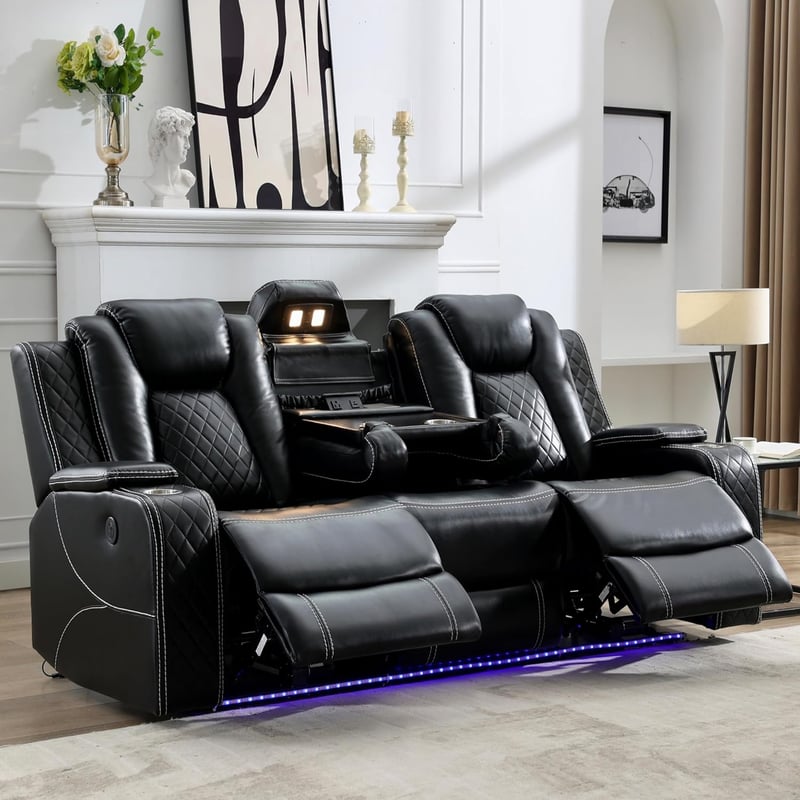 3-Seater Power Reclining Leather Sofa with Wireless Charger and LED Lights