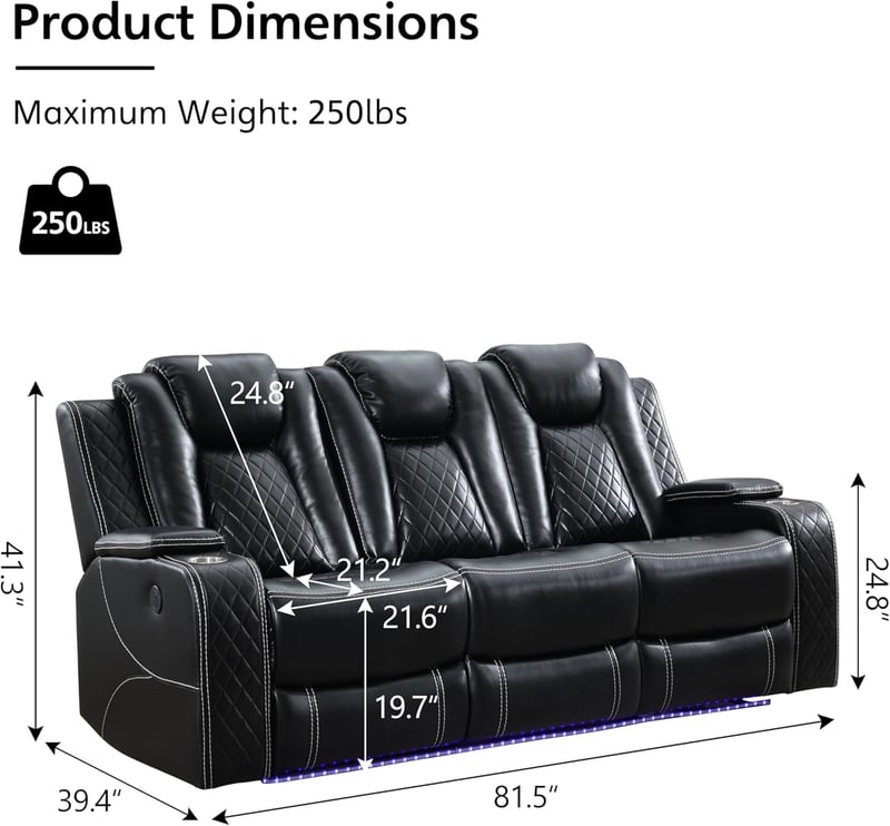 3-Seater Power Reclining Leather Sofa with Wireless Charger and LED Lights