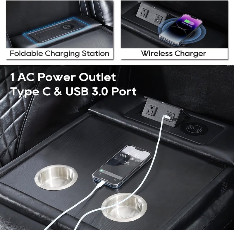 3-Seater Power Reclining Leather Sofa with Wireless Charger and LED Lights