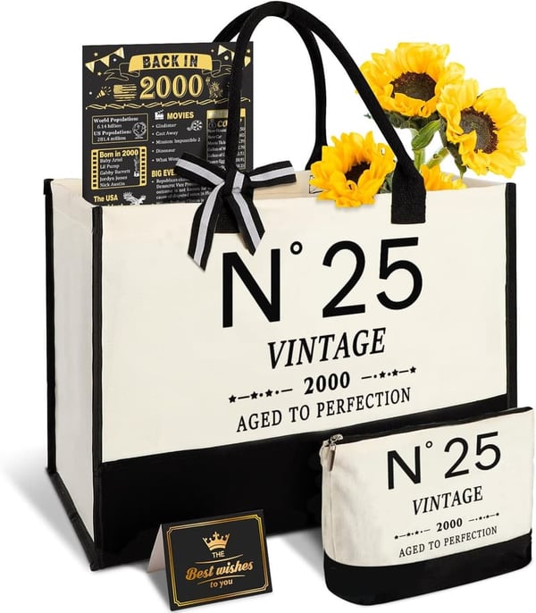25th Birthday Canvas Tote Bag for Women, Vintage N°25 Design