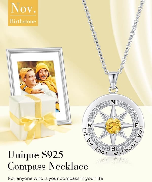 Sterling Silver Compass Necklace Gift for Wife Anniversary