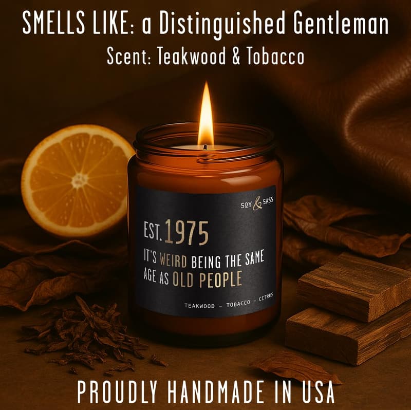 50th Birthday Soy Candle with Teakwood & Tobacco, 50Hr Burn