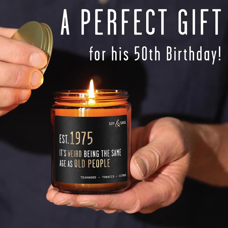 50th Birthday Soy Candle with Teakwood & Tobacco, 50Hr Burn