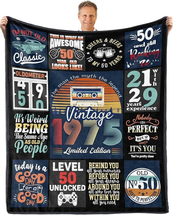 50th Birthday Blanket for Him - 1975 Personalized Gift