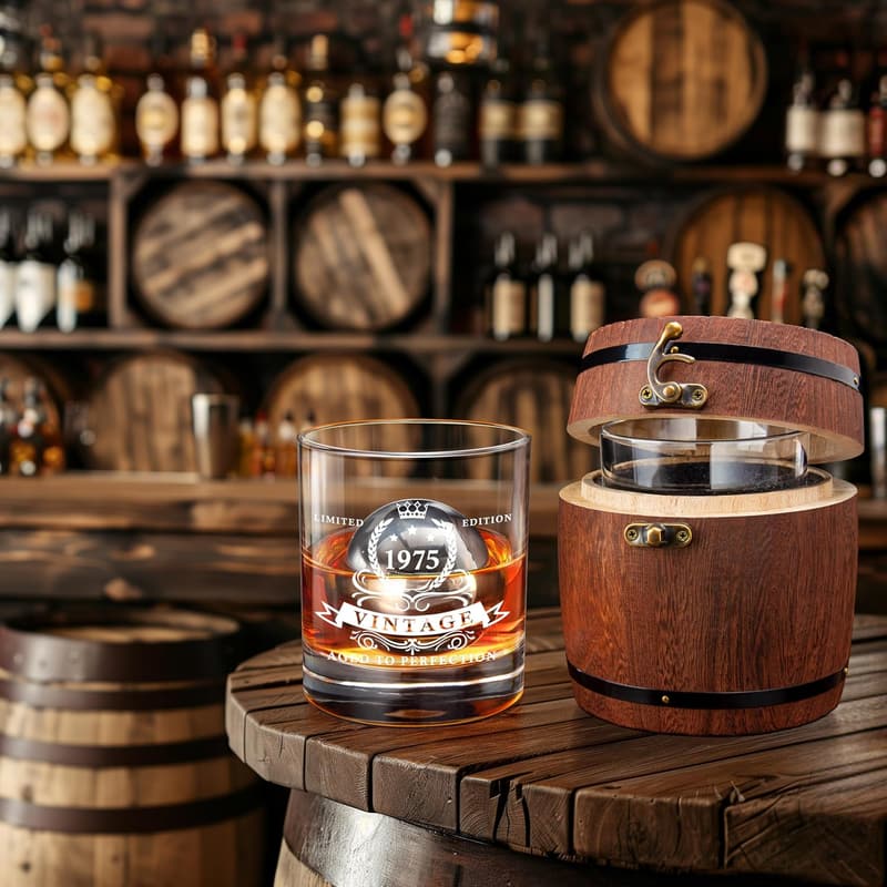 50th Birthday Whiskey Glass Set for Him in Barrel Box