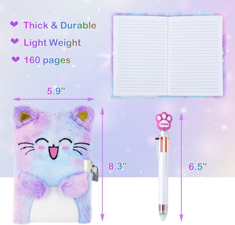 Cat Diary Journal with Lock for 6-8 Year Old Girls