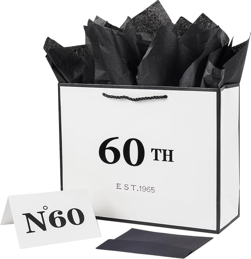 60th Birthday Gift Bag - Vintage Black & White, Keepsake for Him/Her