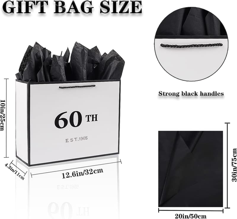 60th Birthday Gift Bag - Vintage Black & White, Keepsake for Him/Her