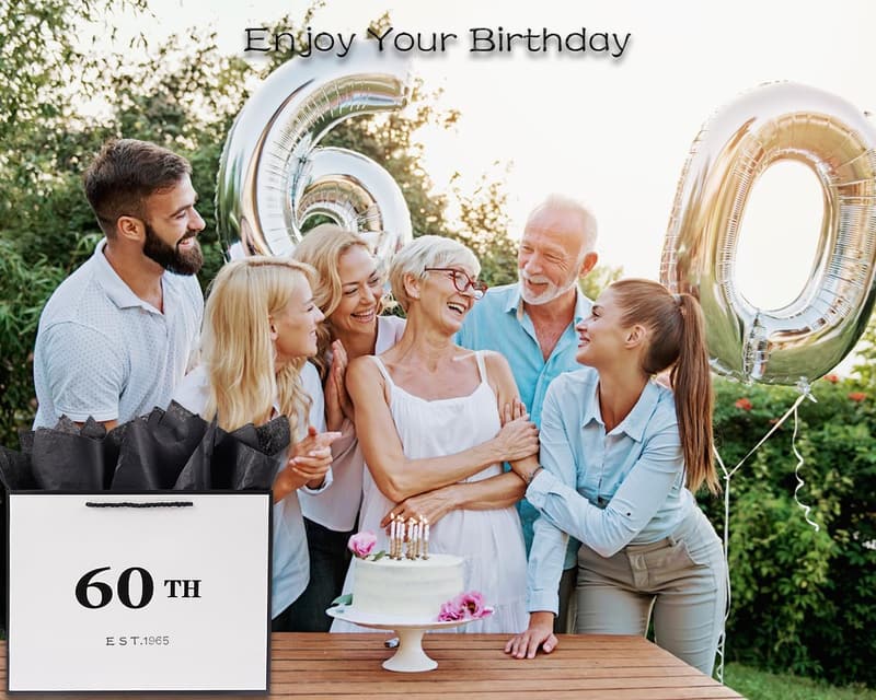 60th Birthday Gift Bag - Vintage Black & White, Keepsake for Him/Her