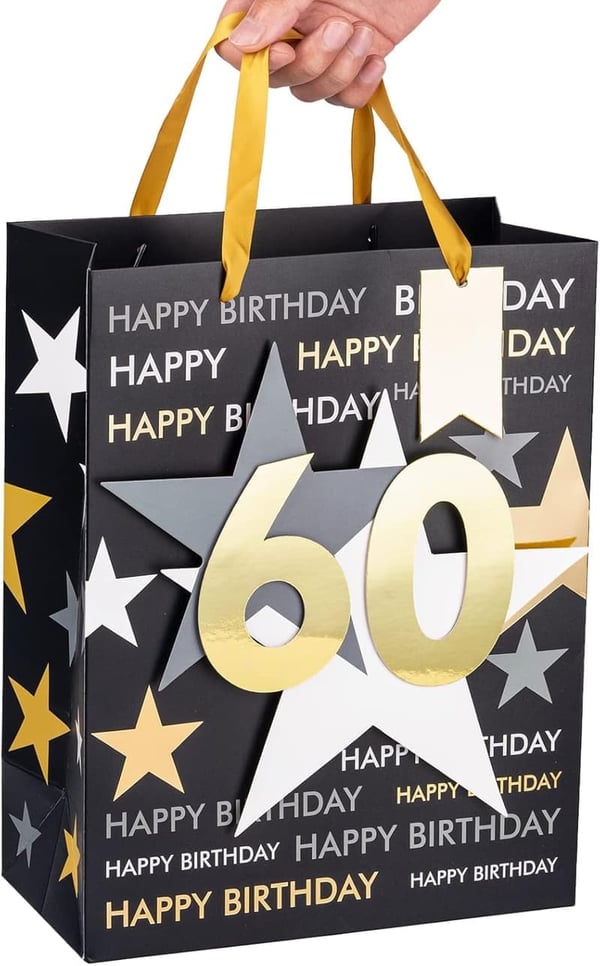 60th Birthday Gift Bag with Tissue Paper & Card - Black Gold