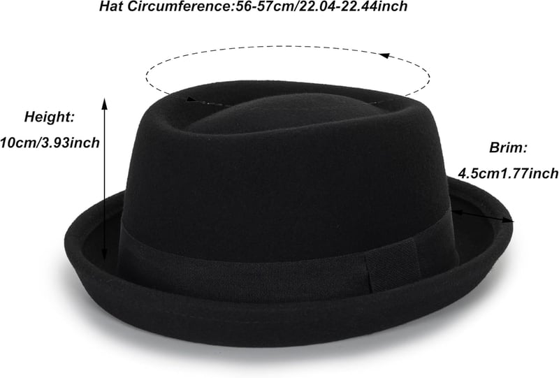 Black Wool Flat Top Porkpie Hat for Men (S-M)