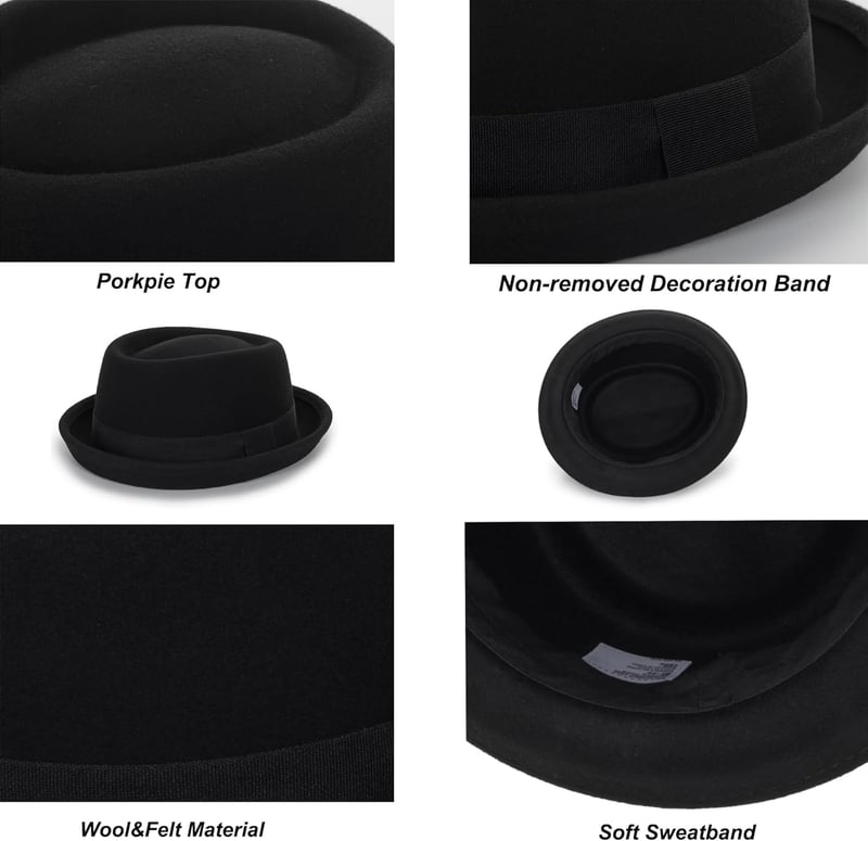 Black Wool Flat Top Porkpie Hat for Men (S-M)
