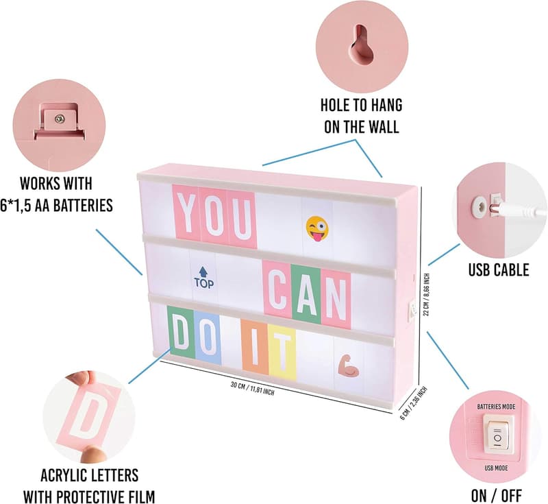 Pink Cinema Light Box with 400 Letters & Emojis for Women