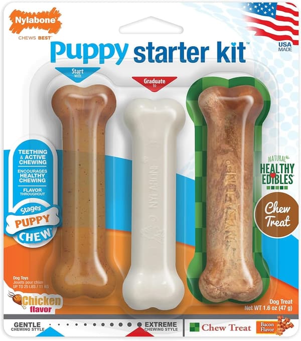 Puppy Starter Kit with 2 Chew Toys & 1 Treat, Bacon/Chicken Flavor