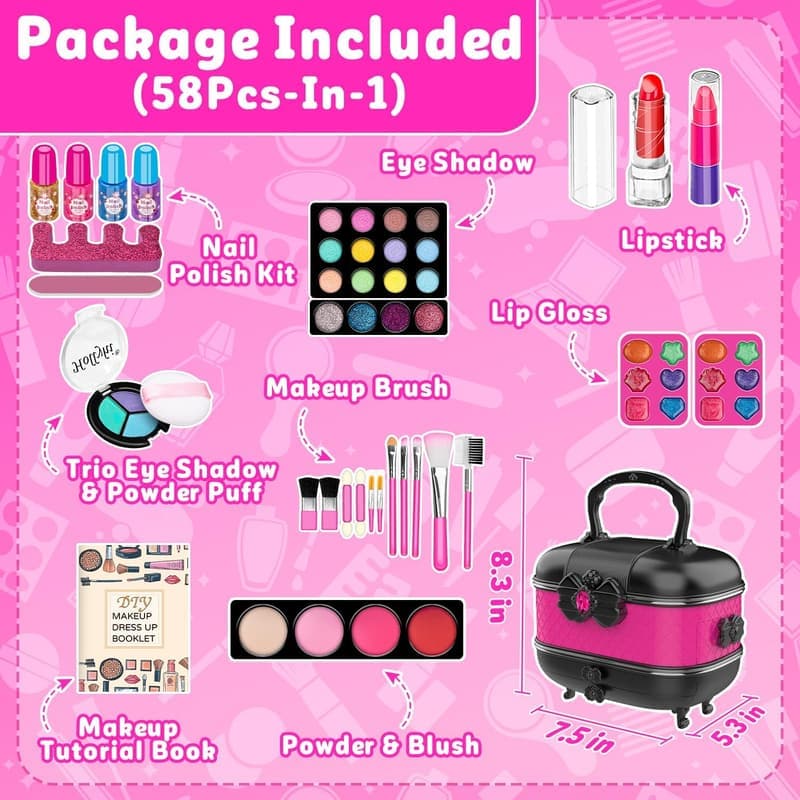 Kids Makeup Kit - 58 Pcs Washable Cosmetic Set for Girls