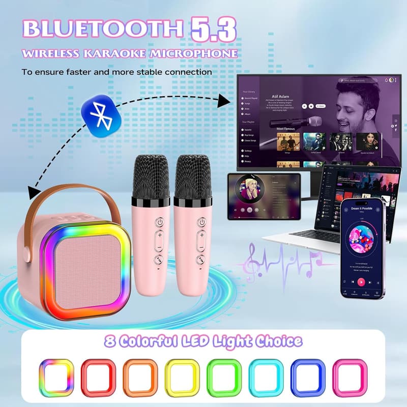 Karaoke Machine with 2 Wireless Microphones & LED Lights