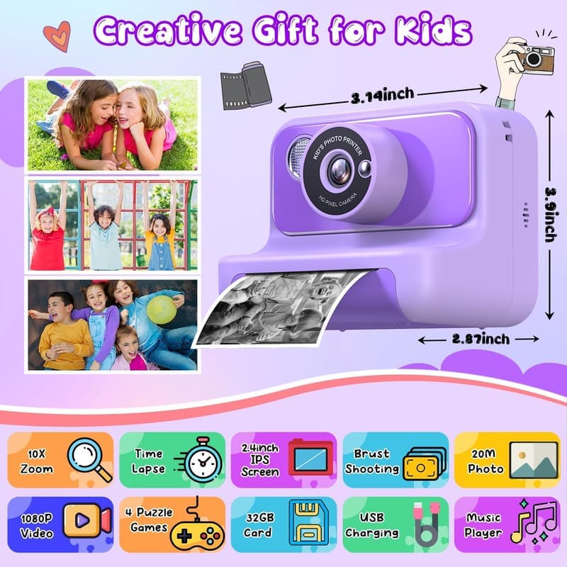 Kids Instant Print Camera for 3-12 Years Old, Purple