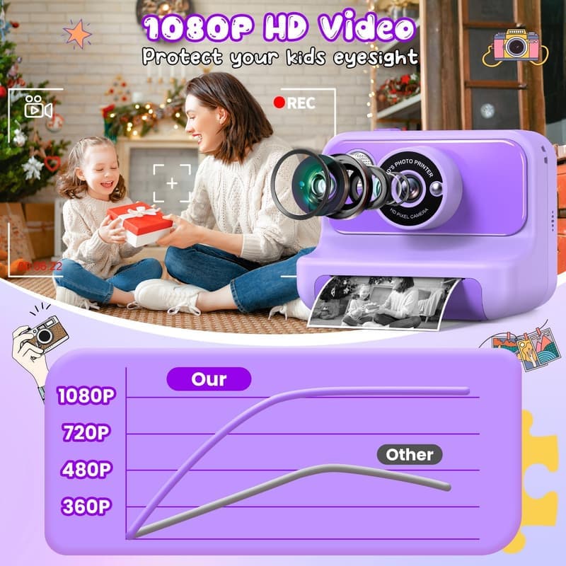 Kids Instant Print Camera for 3-12 Years Old, Purple