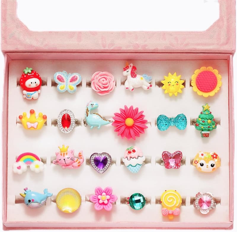 Adjustable Girl's Jewel Rings Set for Dress-Up Play (24 Rings)