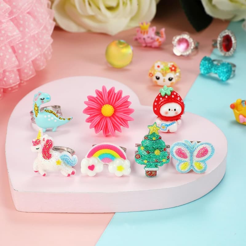 Adjustable Girl's Jewel Rings Set for Dress-Up Play (24 Rings)