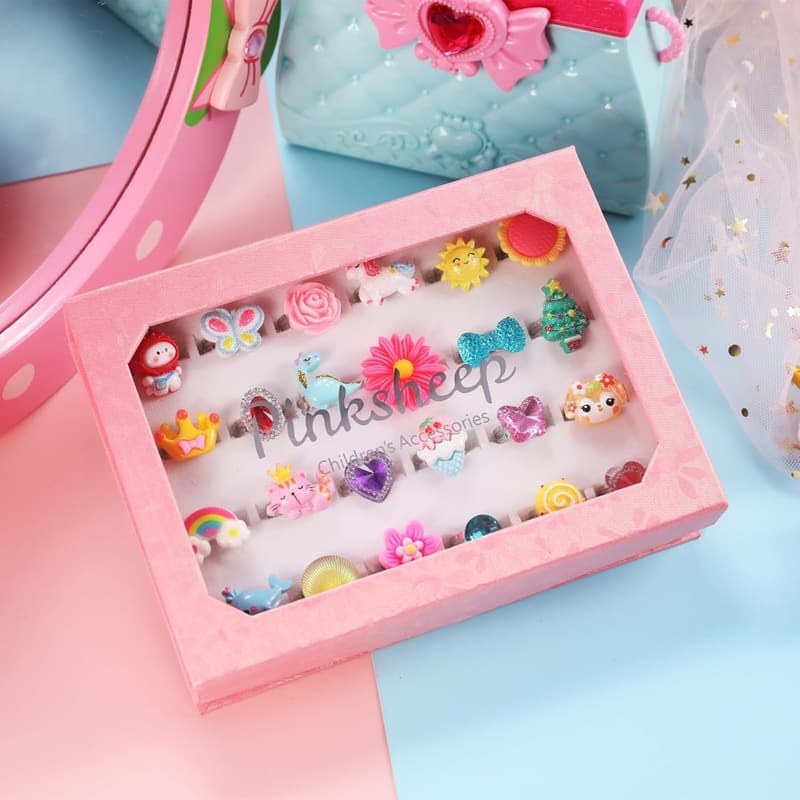 Adjustable Girl's Jewel Rings Set for Dress-Up Play (24 Rings)