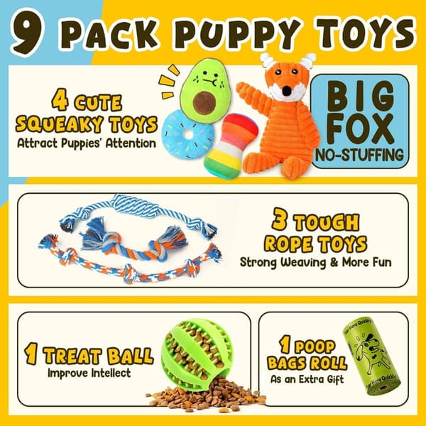 Luxury Puppy Teething Toy Set - 9 Pack Squeaky & Rope Chews