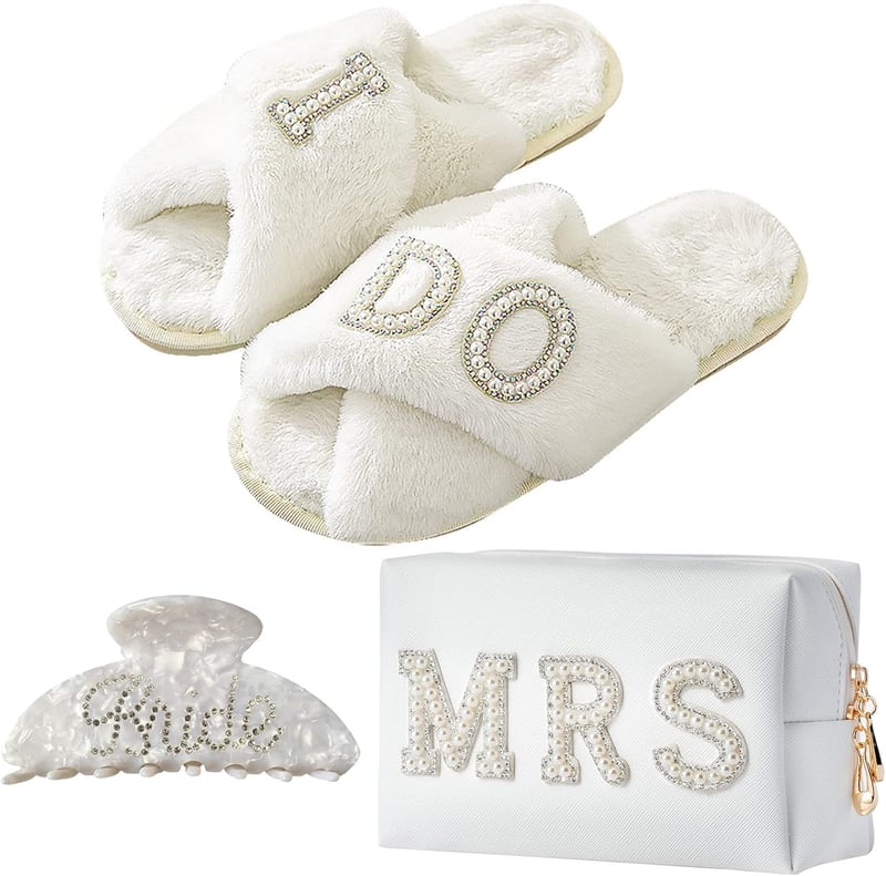 Bride-To-Be Gift Set: Makeup Bag, Slippers, Robe, Hair Clip