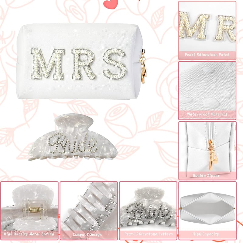 Bride-To-Be Gift Set: Makeup Bag, Slippers, Robe, Hair Clip
