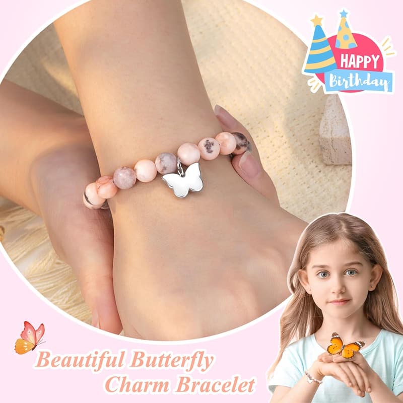 Birthday Butterfly Bracelet for Girls, Natural Stone Gift