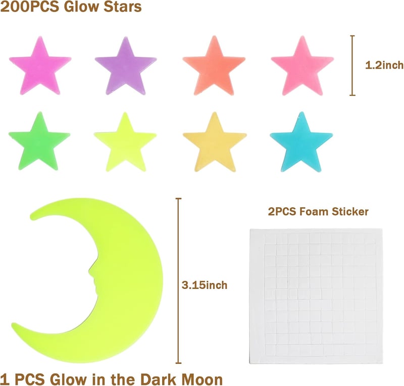 Glow in the Dark Star Stickers for Kids' Room Decor, 200pcs