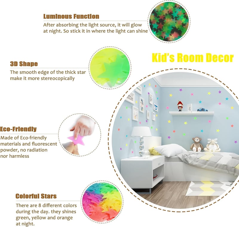 Glow in the Dark Star Stickers for Kids' Room Decor, 200pcs