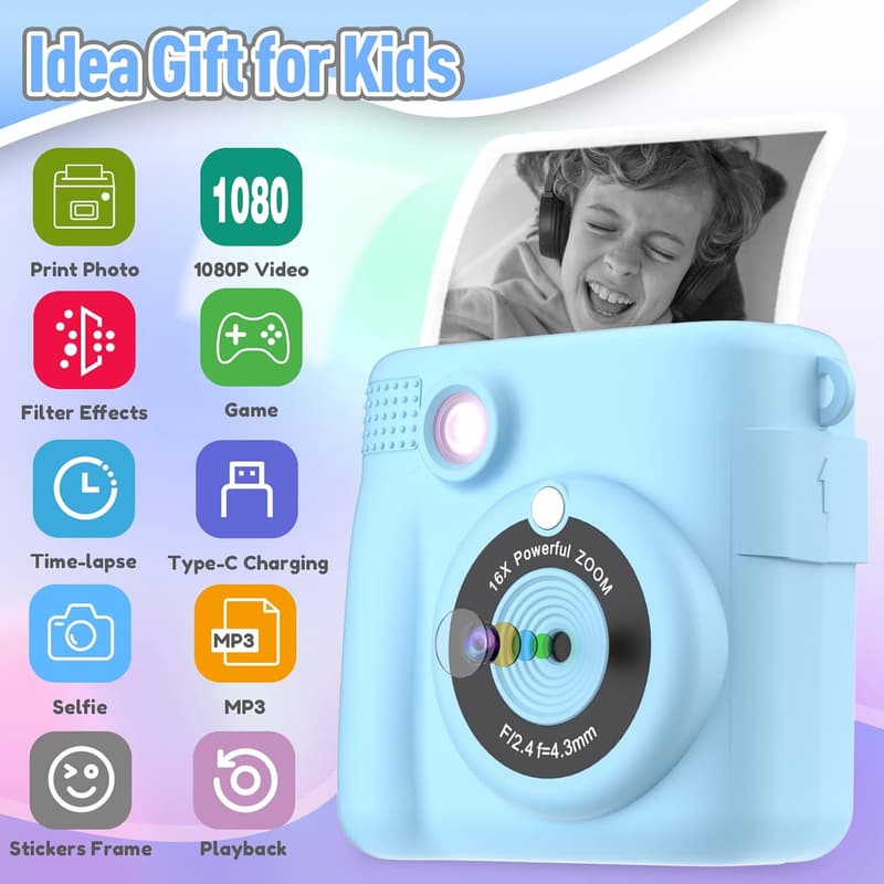 Kids Instant Print Camera - 1080P Selfie & Video, Ages 3-12