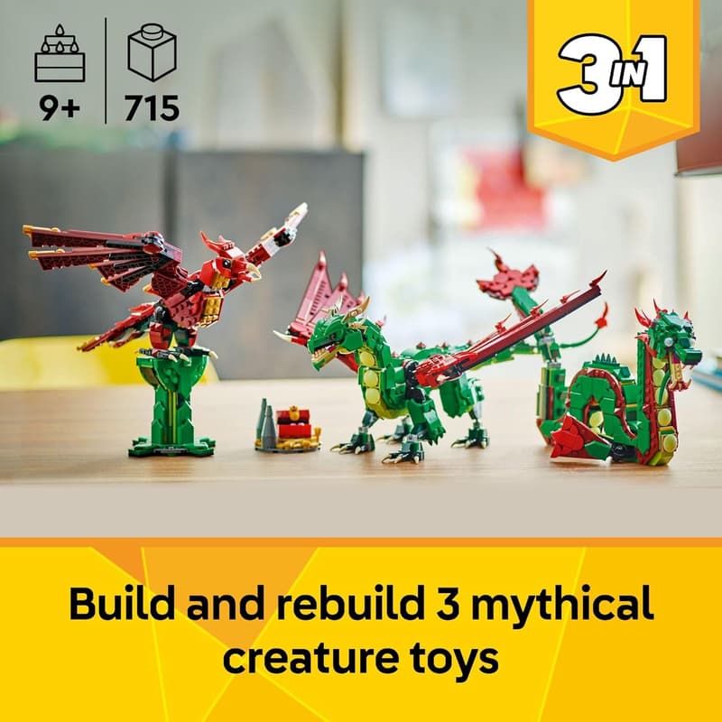 LEGO Creator 3-in-1 Medieval Dragon Building Toy - Fantasy Set for Kids 9+