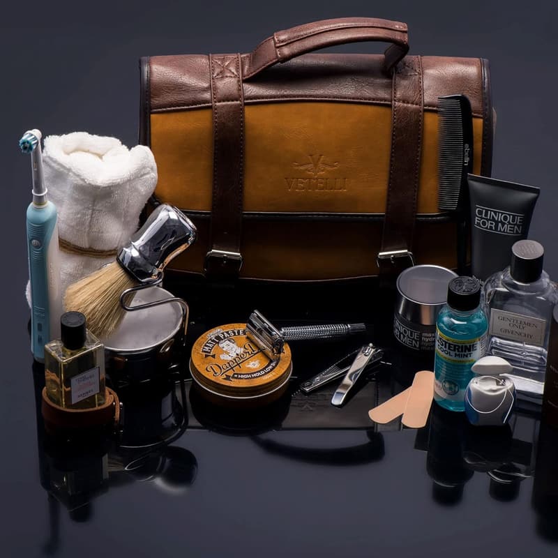 Men's Water-Resistant Leather Toiletry Bag with Multiple Pockets