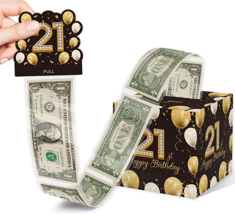21st Birthday Gift: Black Gold Money Box with 35 Bags