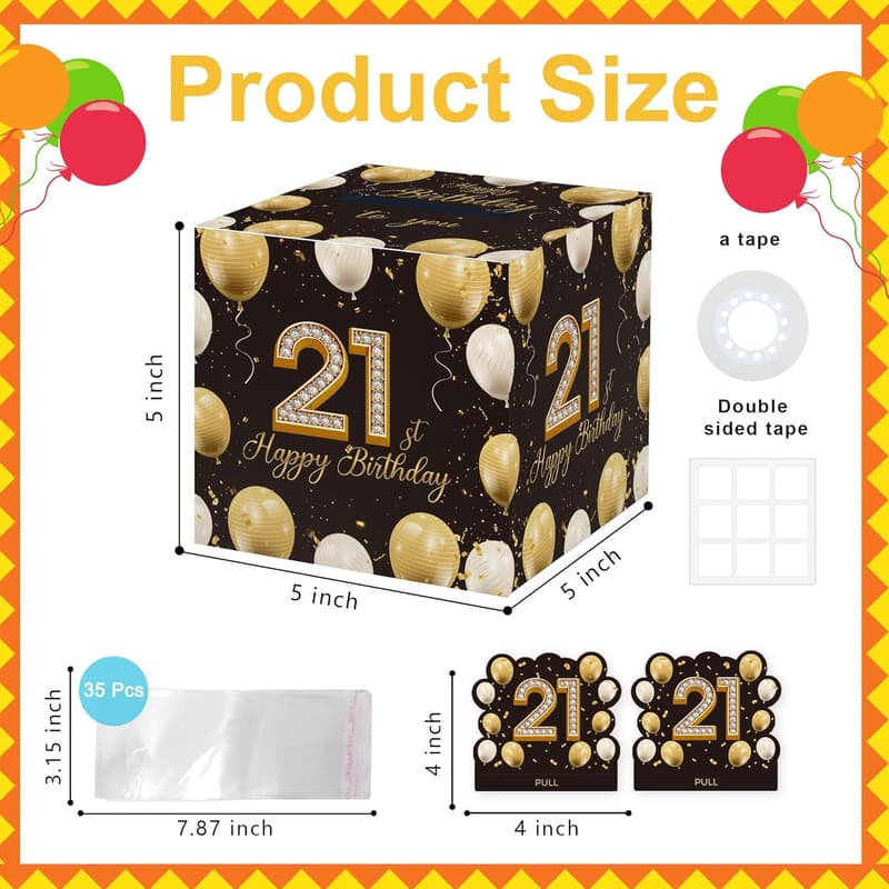 21st Birthday Gift: Black Gold Money Box with 35 Bags