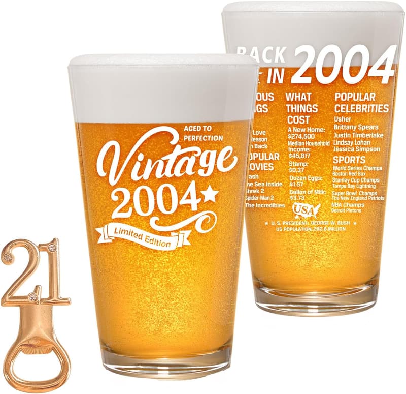 21st Birthday Beer Glass - Vintage 2004 Pint for Men & Women