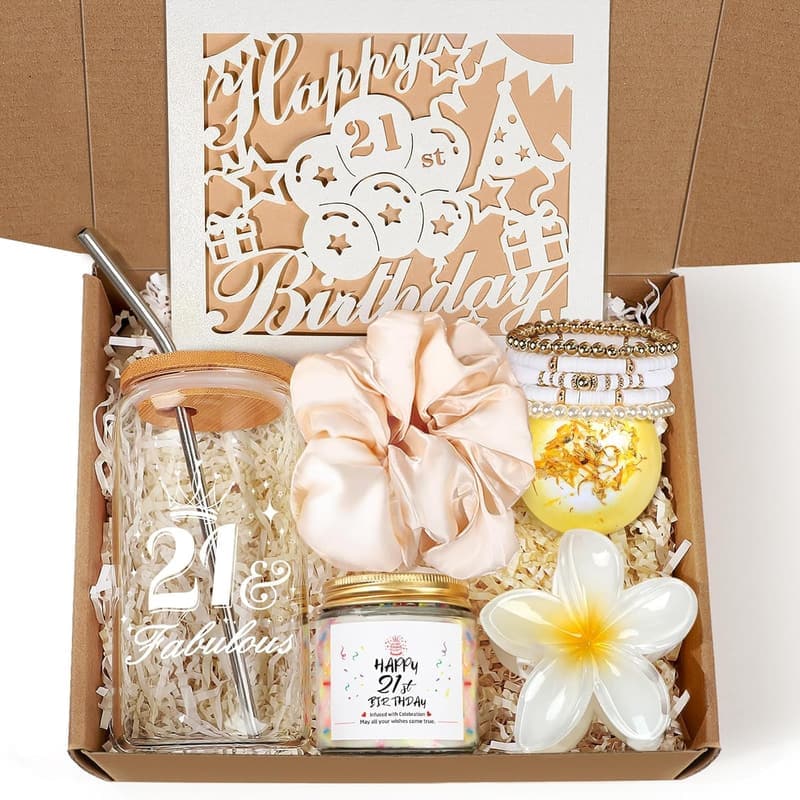 21st Birthday Gift Set for Women - 7PCS with Coffee Cup, Candle, Bracelet