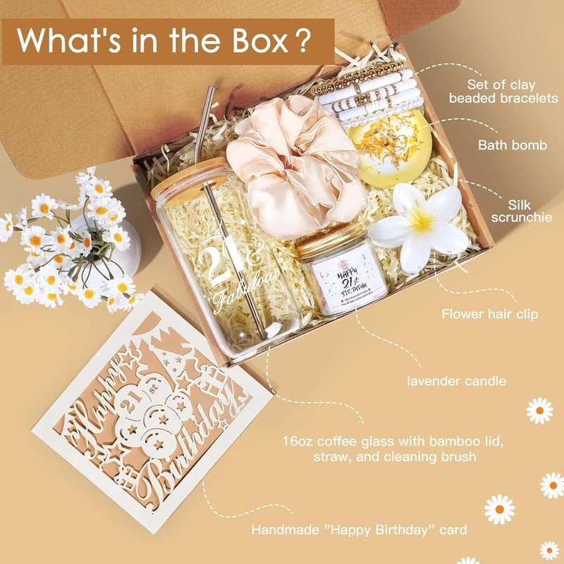 21st Birthday Gift Set for Women - 7PCS with Coffee Cup, Candle, Bracelet