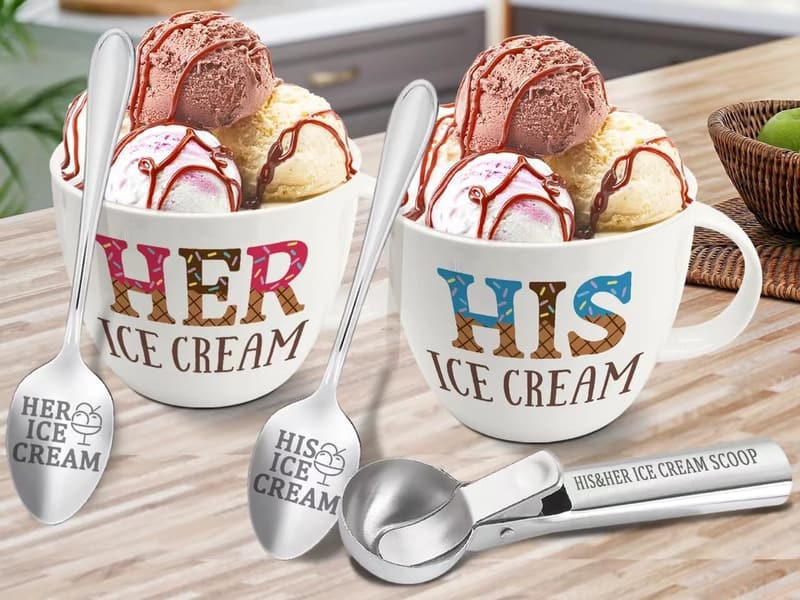 Couples Ice Cream Bowl & Spoon Set - Unique Anniversary Gift