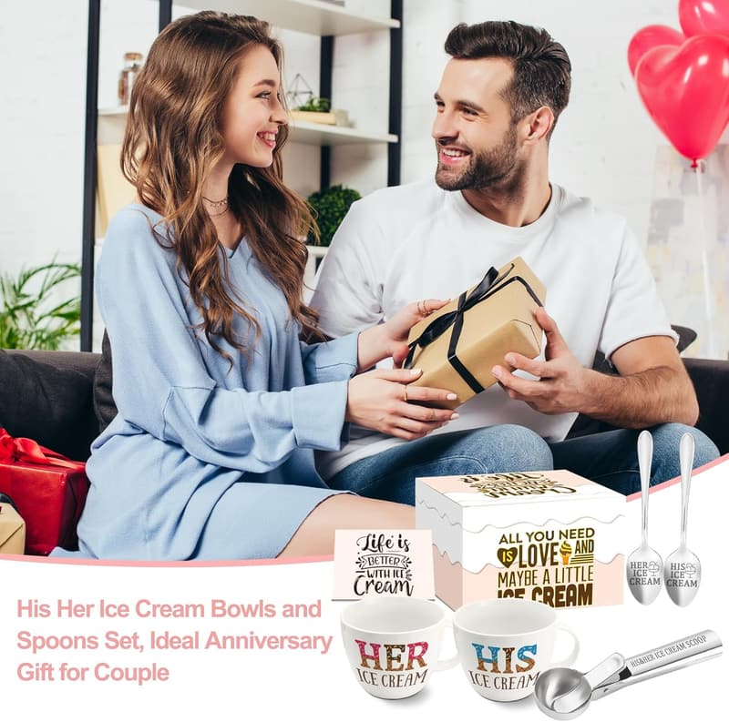 Couples Ice Cream Bowl & Spoon Set - Unique Anniversary Gift