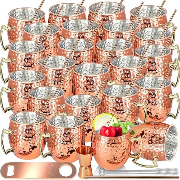 24-Pack Hammered Copper Moscow Mule Mugs with Straws & Jigger