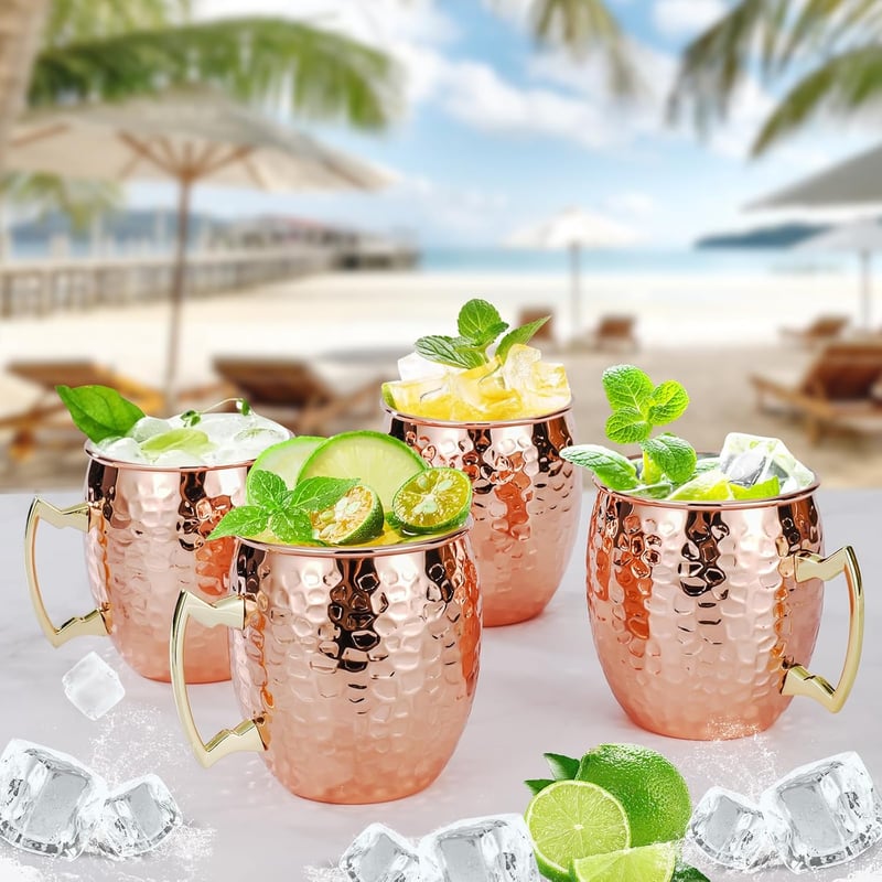 Hammered Copper Moscow Mule Mugs Set of 4 with Stainless Steel Lining