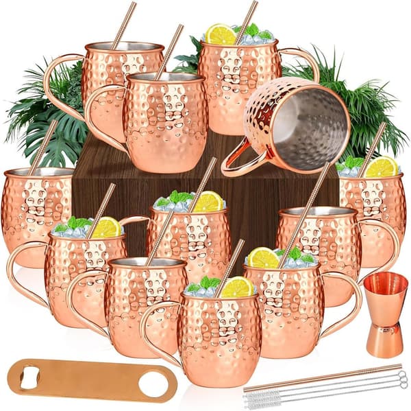 Copper Moscow Mule Mugs Set of 12 with Jigger & Straws
