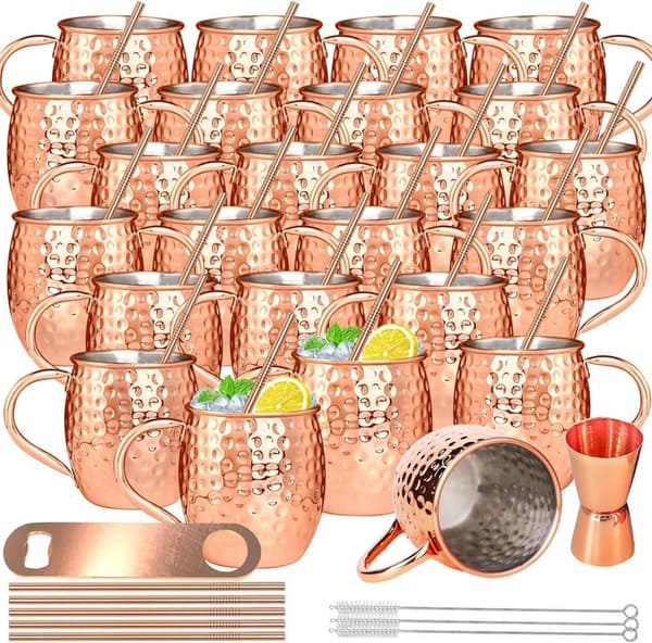 Moscow Mule Copper Mugs Set (24 pcs) with Jigger & Straws