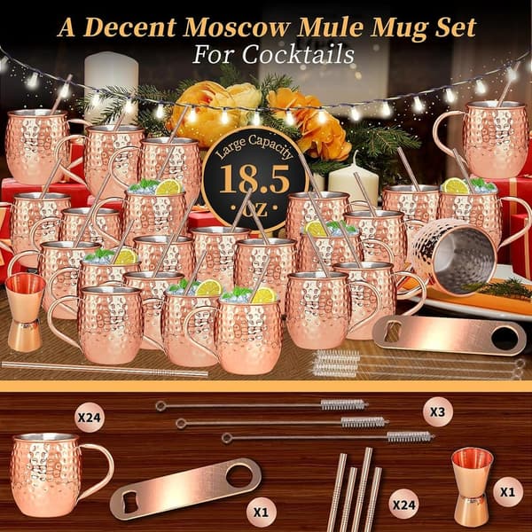 Moscow Mule Copper Mugs Set (24 pcs) with Jigger & Straws