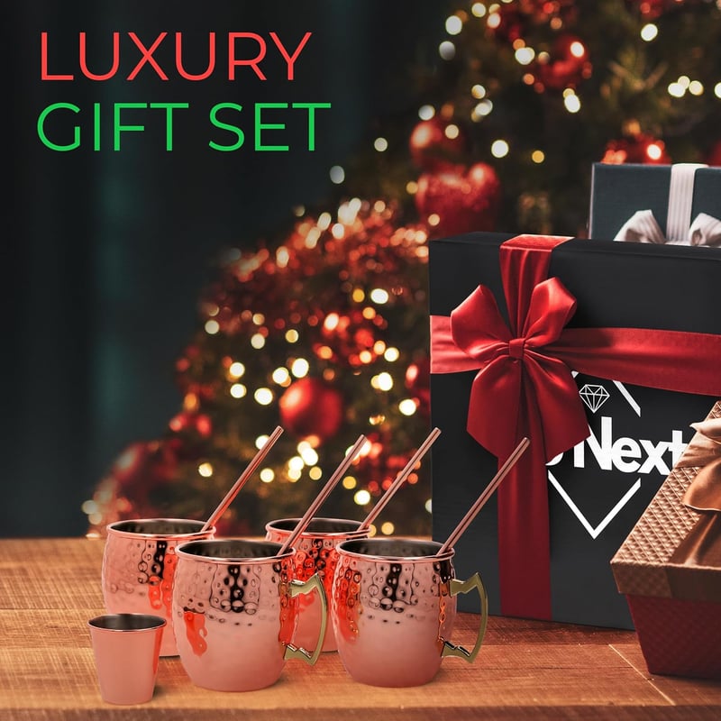16oz Hammered Copper Moscow Mule Mugs Set of 4 with Straws